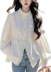 Elegant White Peter Pan Collar Lace Button Cotton Shirt Fall