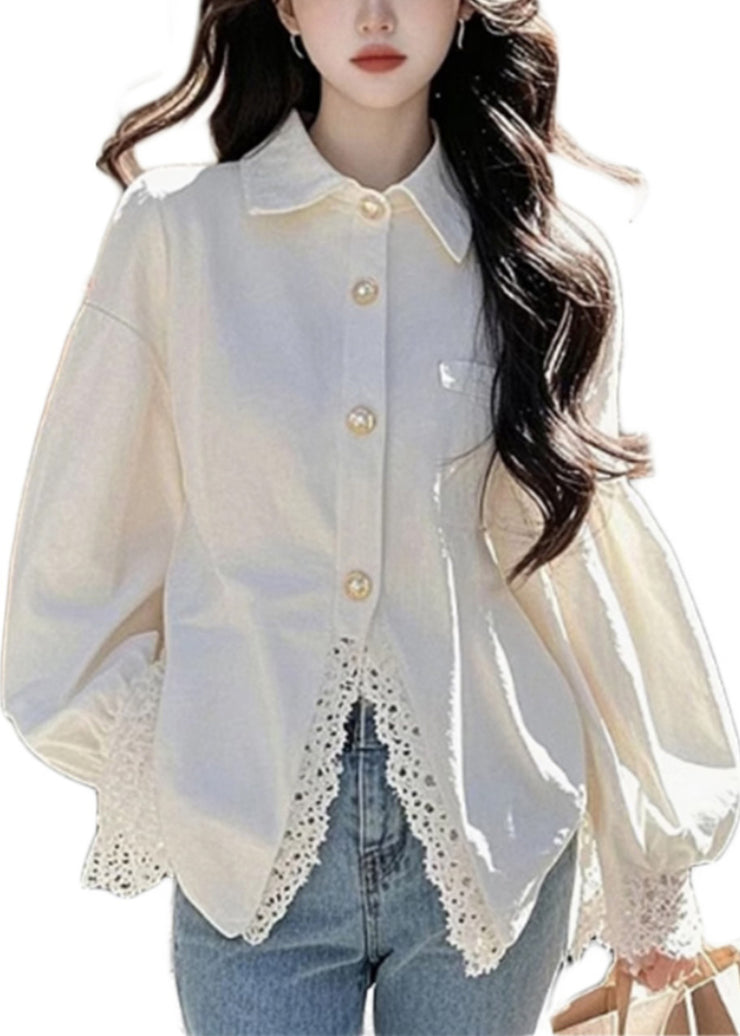 Elegant White Peter Pan Collar Lace Button Cotton Shirt Fall