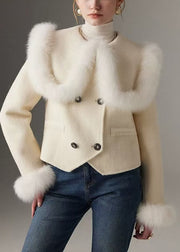 Elegant White Peter Pan Collar Patchwork Fox Fur Wool Coat Winter