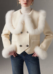 Elegant White Peter Pan Collar Patchwork Fox Fur Wool Coat Winter