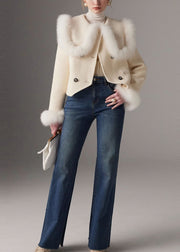 Elegant White Peter Pan Collar Patchwork Fox Fur Wool Coat Winter