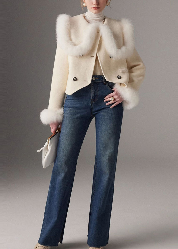 Elegant White Peter Pan Collar Patchwork Fox Fur Wool Coat Winter
