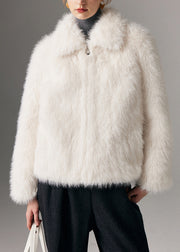 Elegant White Peter Pan Collar Zippered Leather And Fur Coats Winter