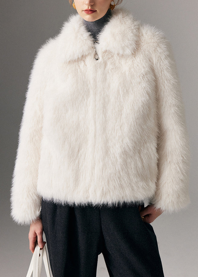 Elegant White Peter Pan Collar Zippered Leather And Fur Coats Winter