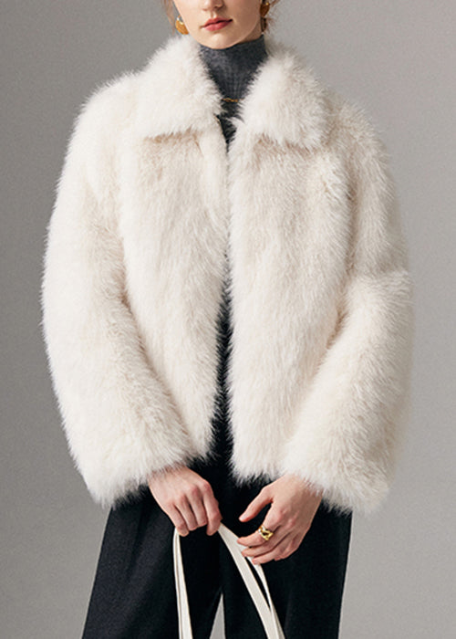 Elegant White Peter Pan Collar Zippered Leather And Fur Coats Winter
