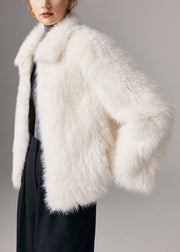 Elegant White Peter Pan Collar Zippered Leather And Fur Coats Winter