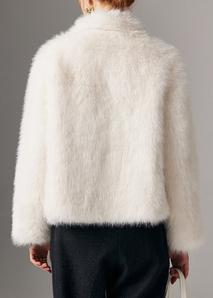 Elegant White Peter Pan Collar Zippered Leather And Fur Coats Winter