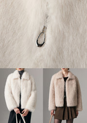 Elegant White Peter Pan Collar Zippered Leather And Fur Coats Winter