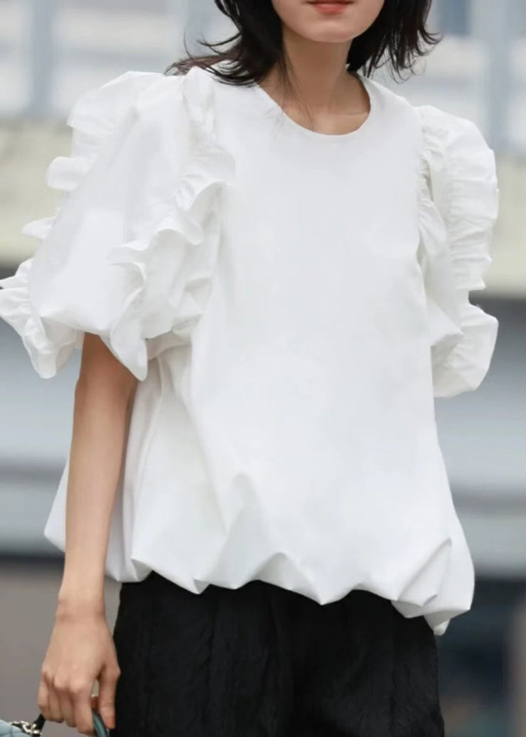 Elegant White Puff Sleeve Ruffled Cotton Tank Summer