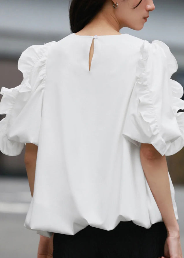 Elegant White Puff Sleeve Ruffled Cotton Tank Summer
