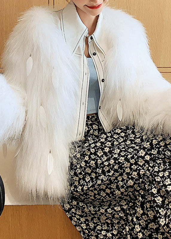 Elegant White Raccoon Hair Collar Feather Tassel Leather And Fur Coats Winter