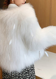 Elegant White Raccoon Hair Collar Feather Tassel Leather And Fur Coats Winter