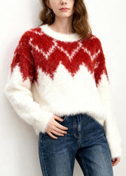 Elegant White Red Patchwork O-Neck Print Cotton Knitted Sweater Long Sleeve