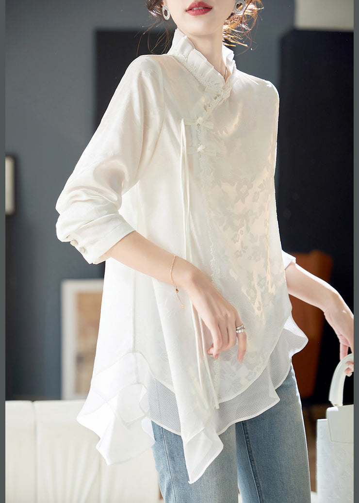 Elegant White Ruffled Chinese Button Chiffon Shirt Long Sleeve – SooLinen