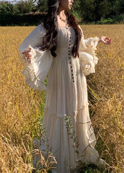 Elegant White Ruffled High Waist Cotton Maxi Dress Flare Sleeve