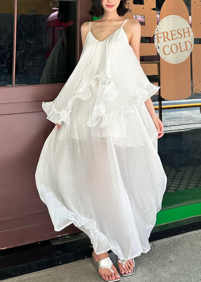 Elegant White Ruffled Patchwork Cotton Spaghetti Strap Dress Summer