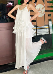 Elegant White Ruffled Patchwork Cotton Spaghetti Strap Dress Summer