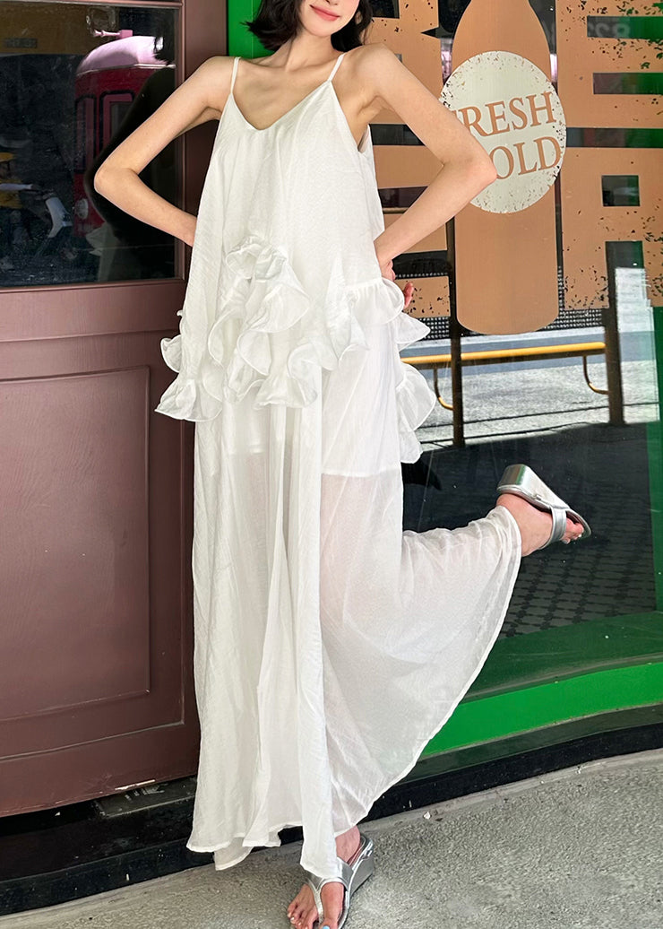 Elegant White Ruffled Patchwork Cotton Spaghetti Strap Dress Summer