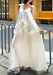 Elegant White Ruffled Patchwork Cotton Spaghetti Strap Dress Summer