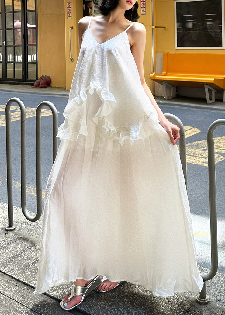 Elegant White Ruffled Patchwork Cotton Spaghetti Strap Dress Summer
