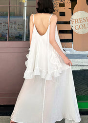 Elegant White Ruffled Patchwork Cotton Spaghetti Strap Dress Summer