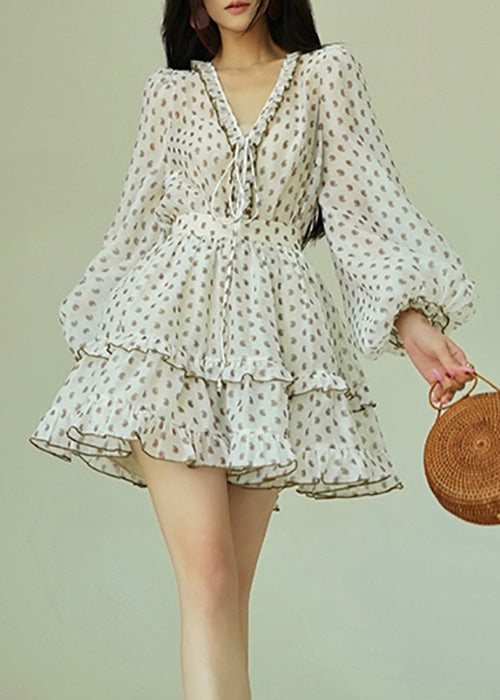 Elegant White Ruffled Print Shirts And Skirts Chiffon Two Piece Set Fall