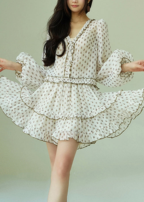 Elegant White Ruffled Print Shirts And Skirts Chiffon Two Piece Set Fall
