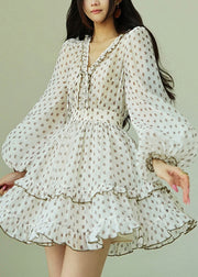 Elegant White Ruffled Print Shirts And Skirts Chiffon Two Piece Set Fall