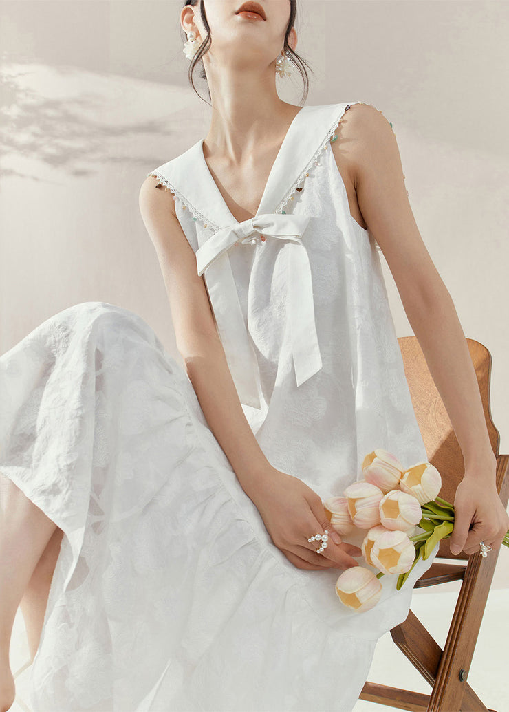 Elegant White Sailor Collar Bow Patchwork Maxi Dresses Summer