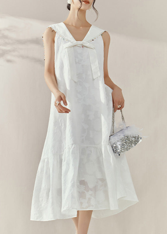 Elegant White Sailor Collar Bow Patchwork Maxi Dresses Summer