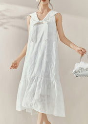 Elegant White Sailor Collar Bow Patchwork Maxi Dresses Summer