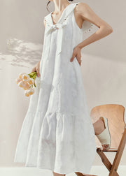 Elegant White Sailor Collar Bow Patchwork Maxi Dresses Summer