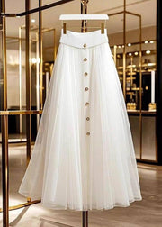 Elegant White Single Breasted Patchwork Tulle A Line Skirt Fall