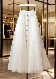 Elegant White Single Breasted Patchwork Tulle A Line Skirt Fall