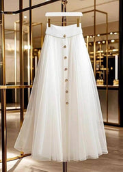 Elegant White Single Breasted Patchwork Tulle A Line Skirt Fall