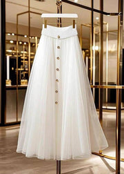 Elegant White Single Breasted Patchwork Tulle A Line Skirt Fall