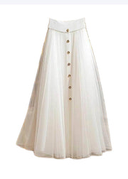 Elegant White Single Breasted Patchwork Tulle A Line Skirt Fall