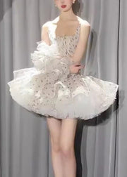 Elegant White Square Collar Dot Chiffon Mini Dresses Sleeveless