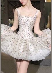 Elegant White Square Collar Dot Chiffon Mini Dresses Sleeveless