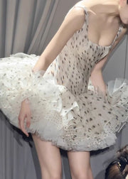 Elegant White Square Collar Dot Chiffon Mini Dresses Sleeveless