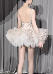 Elegant White Square Collar Dot Chiffon Mini Dresses Sleeveless
