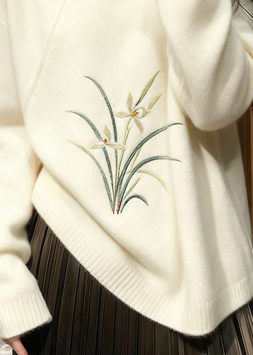 Elegant White Stand Collar Button Orchid Knit Sweaters Winter
