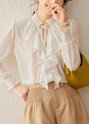 Elegant White Stand Collar Tie Lace Lantern Sleeve