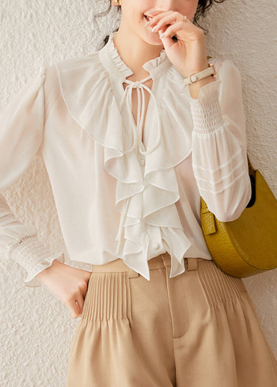 Elegant White Stand Collar Tie Lace Lantern Sleeve