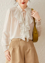 Elegant White Stand Collar Tie Lace Lantern Sleeve