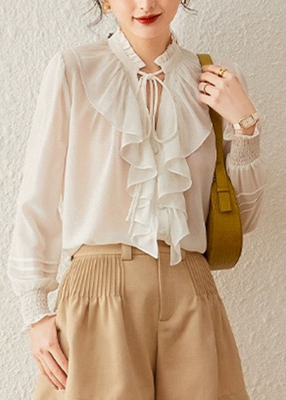 Elegant White Stand Collar Tie Lace Lantern Sleeve