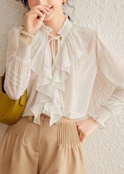 Elegant White Stand Collar Tie Lace Lantern Sleeve