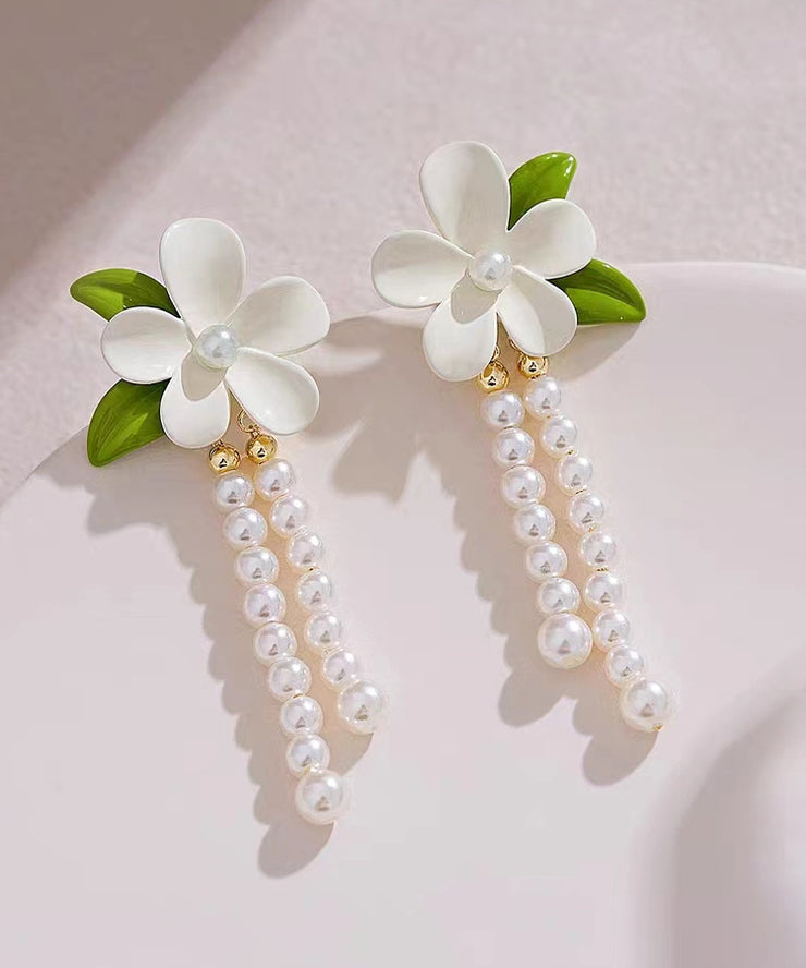 Elegant White Sterling Silver Alloy Pearl Floral Tassel Drop Earrings