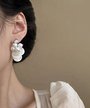 Elegant White Sterling Silver Alloy Shell Pearl Tassel Stud Earrings