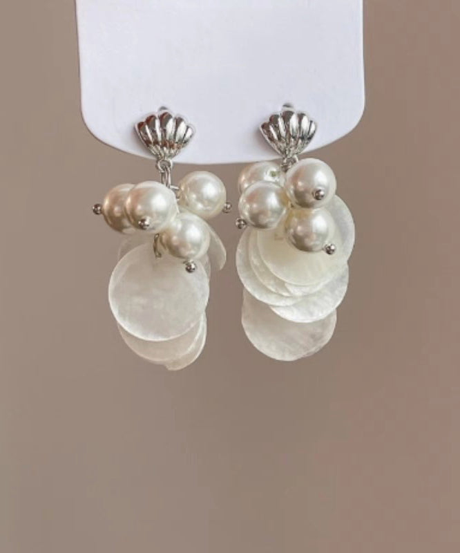 Elegant White Sterling Silver Alloy Shell Pearl Tassel Stud Earrings